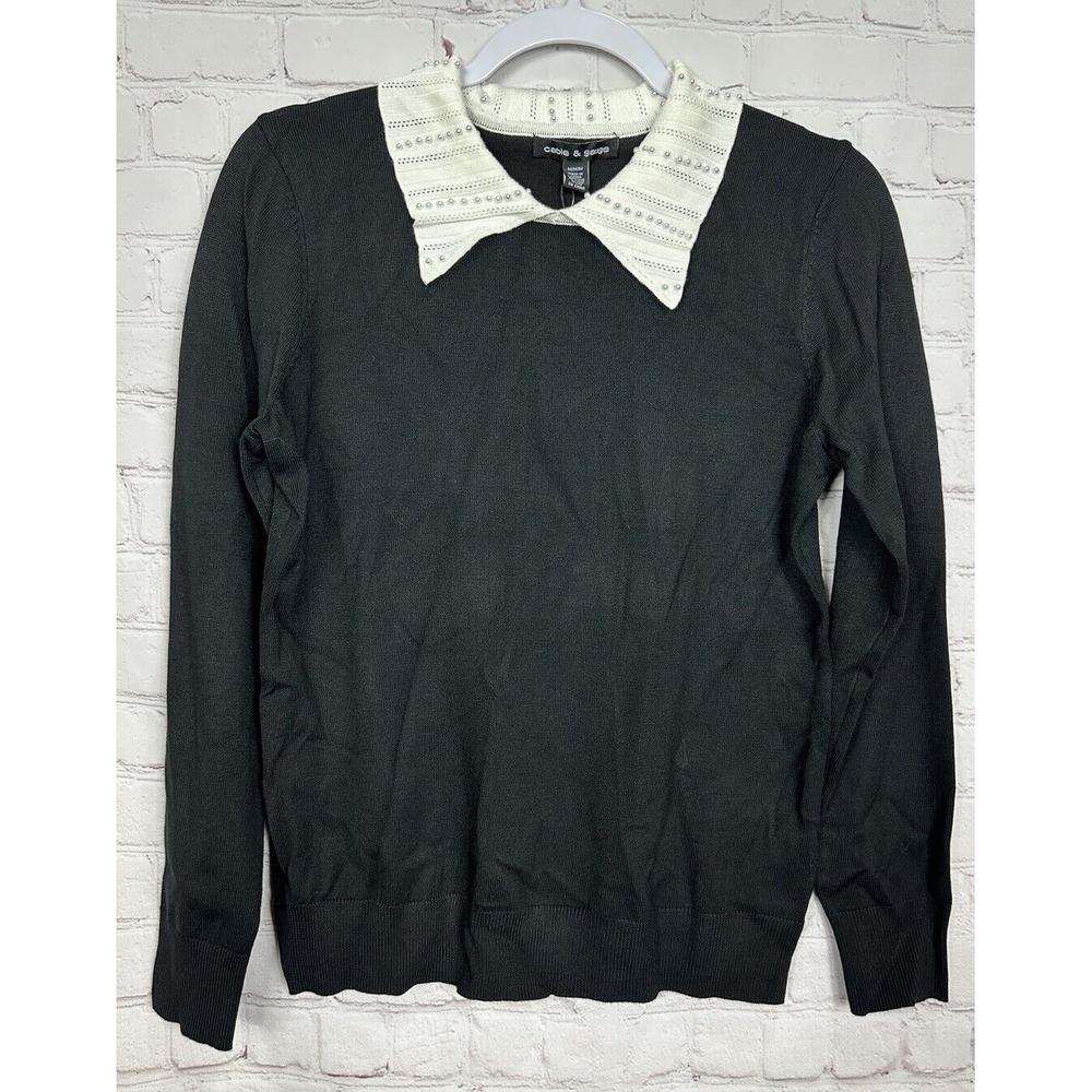 Cable & Gauge Black rayon lightweight knit sweater pearl collar accent sz M NWT